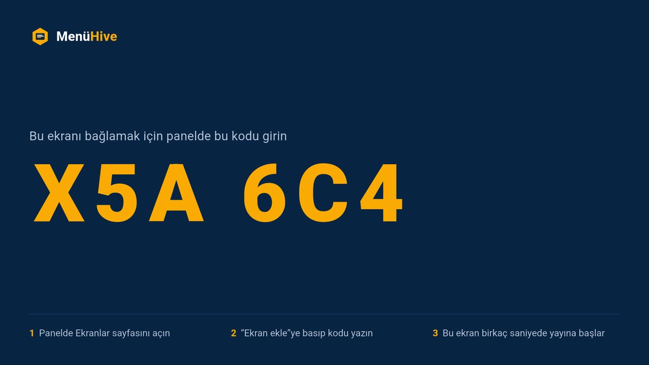 MenüHive TV uygulamasının eşleştirme ekranı: altı haneli kod ve üç adımlık talimat