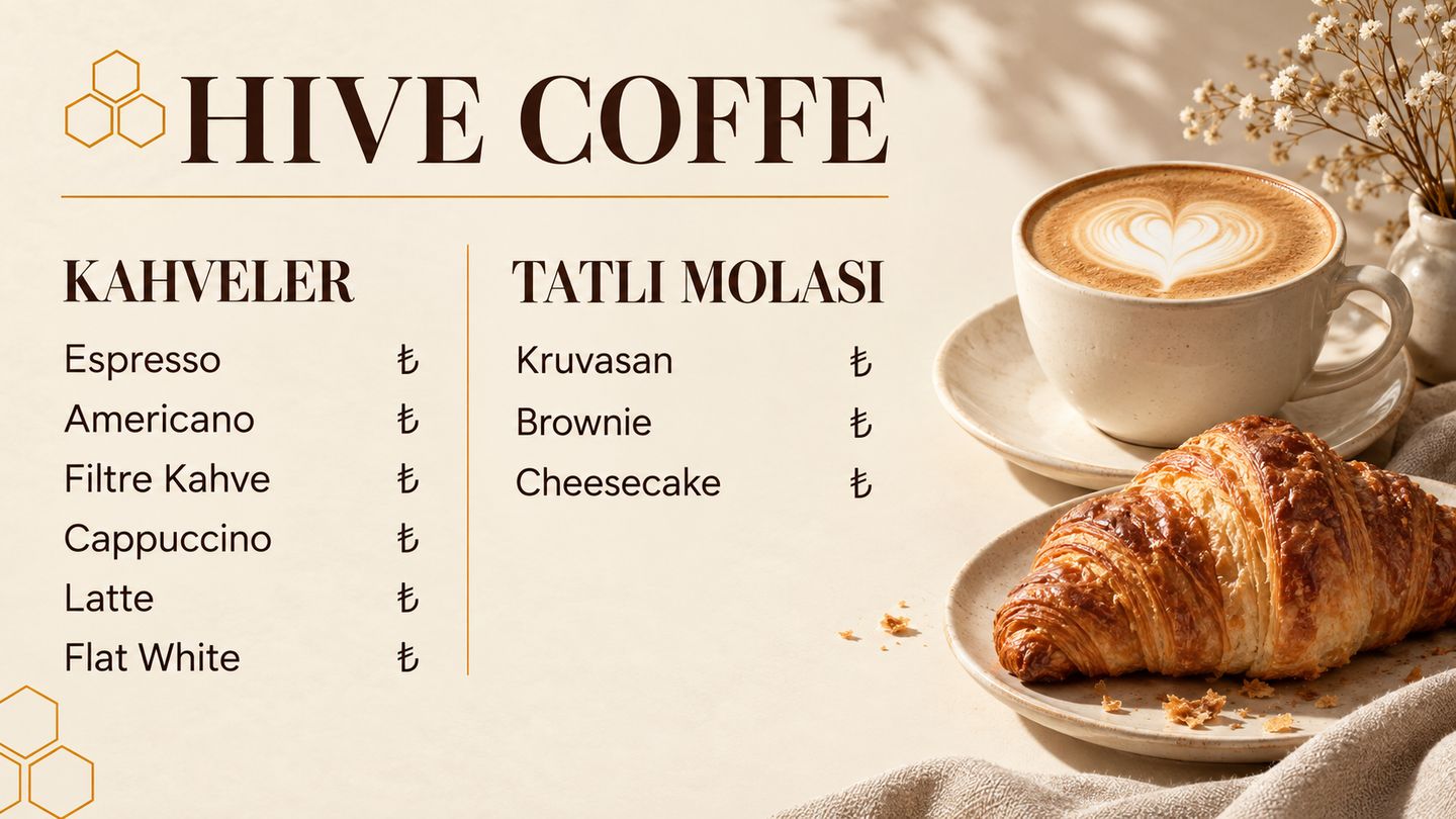 Televizyonda örnek kafe menüsü: kahveler ve tatlılar, yanında latte ve kruvasan fotoğrafı