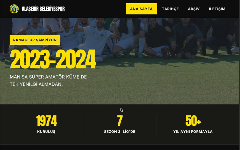 Spor kulübü web sitesi — tarihçe, sezon arşivi ve galeri — ekran görüntüsü